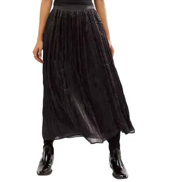 Free People New Vera City Black Pleated Maxi Ankle Skirt with Pockets 8 NWT - Picture 1 of 6